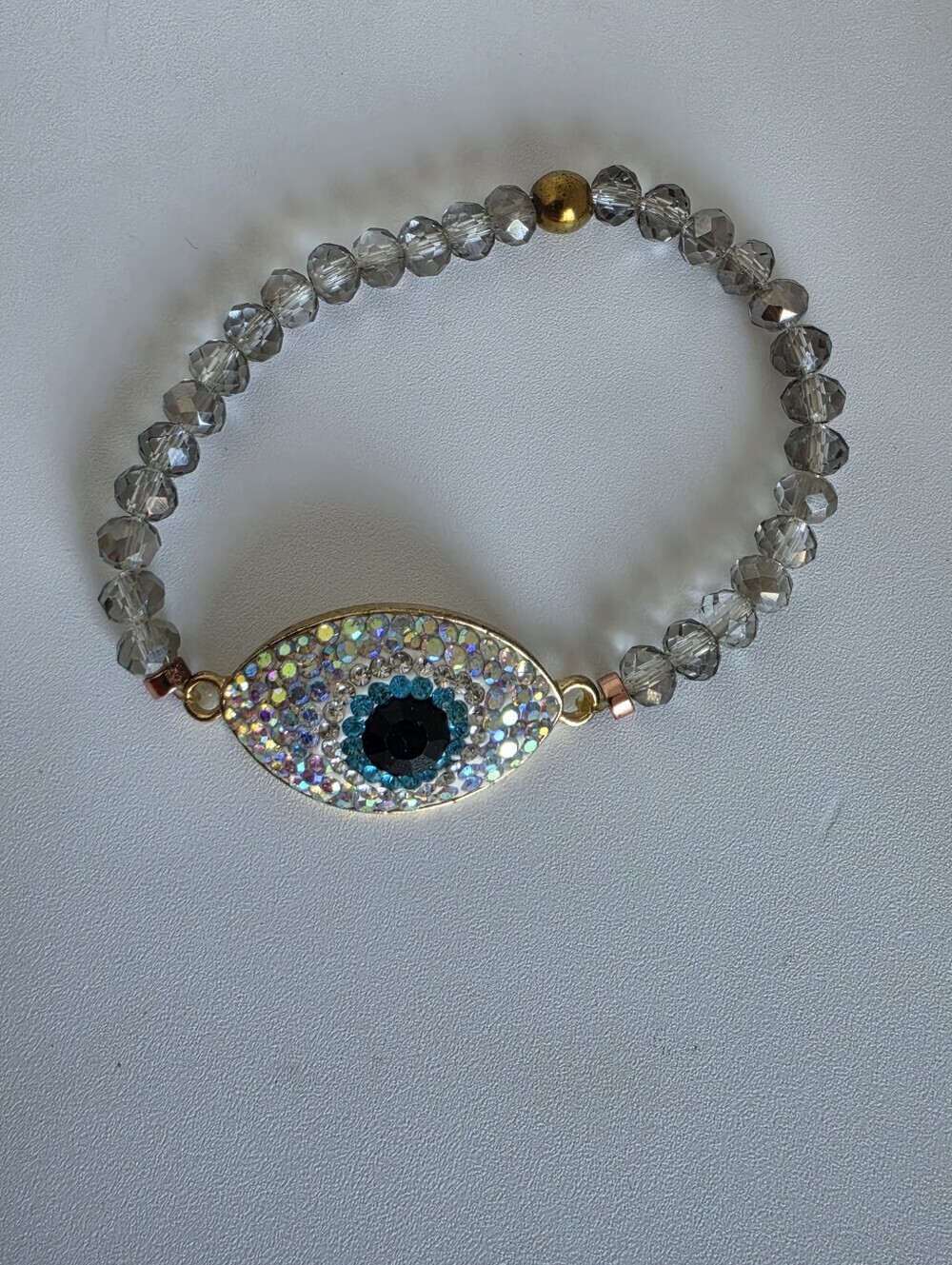 Handmade Evil Eye Stretch Bracelet Gray Crystal Beaded  Protection Charm
